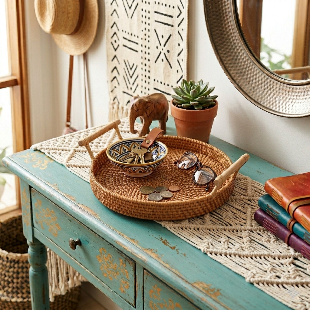 Decorative table with a woven tray, bowl, and other items in a home setting.