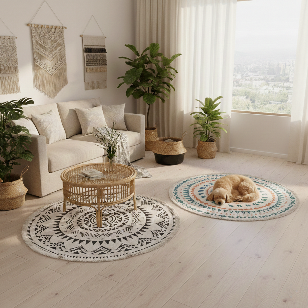 Living room with round rugs, a coffee table, and decorative plants.