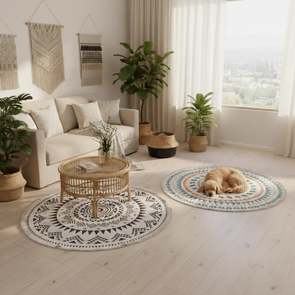 Living room with round rugs, a coffee table, and decorative plants.