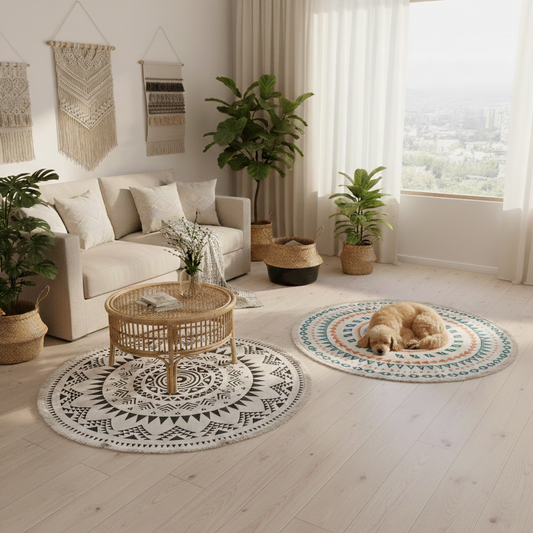 Living room with round rugs, a coffee table, and decorative plants.