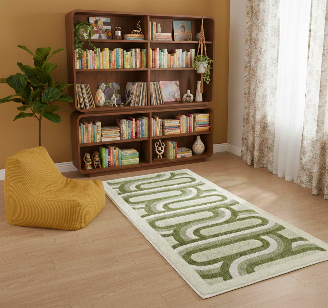 Room interior with a bookshelf, bean bag chair, and decorative rug.