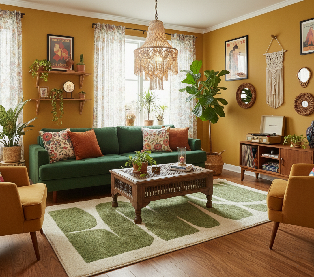 Living room with green sofa, wooden coffee table, and yellow walls.