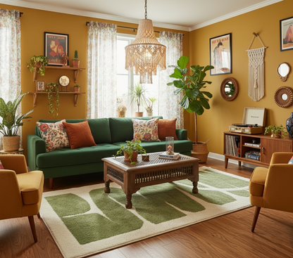 Living room with green sofa, wooden coffee table, and yellow walls.