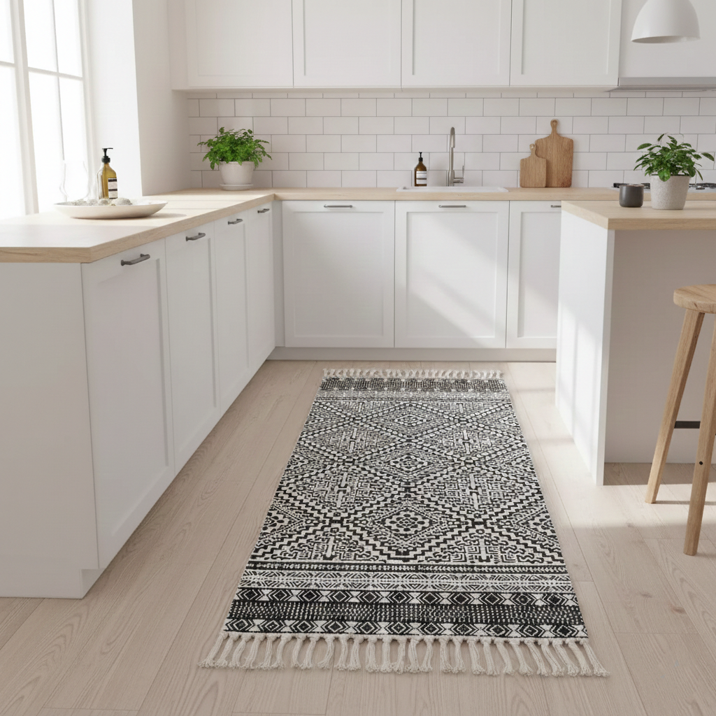 Black and white patterned rug on a wooden floor in a modern kitchen.