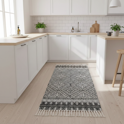 Black and white patterned rug on a wooden floor in a modern kitchen.