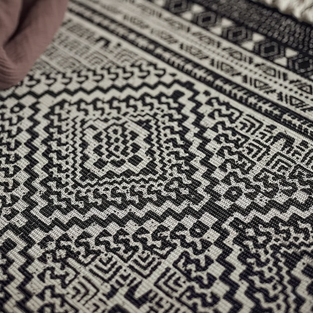 Close-up of a black and white geometric patterned fabric.