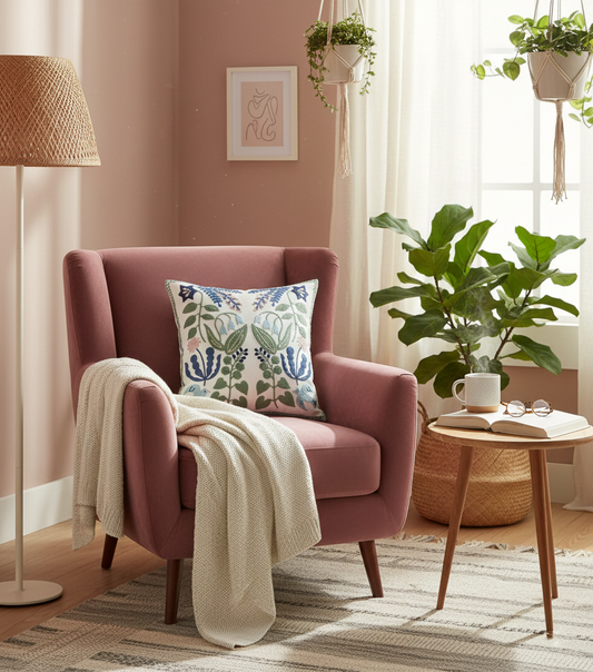 Embroidered Bluebells & Blue Birds – Decorative Cushion Cover | Embroidered Pillow Case