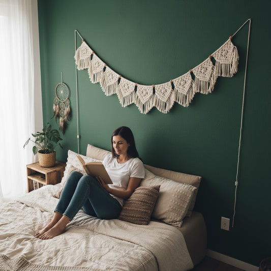 Woman reading a book on a bed with a green wall and decorative macrame hanging.