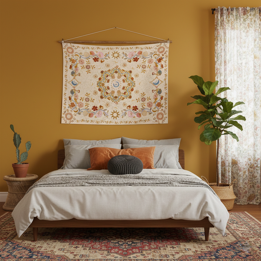 Bedroom with floral tapestry, plants, and patterned rug on yellow wall