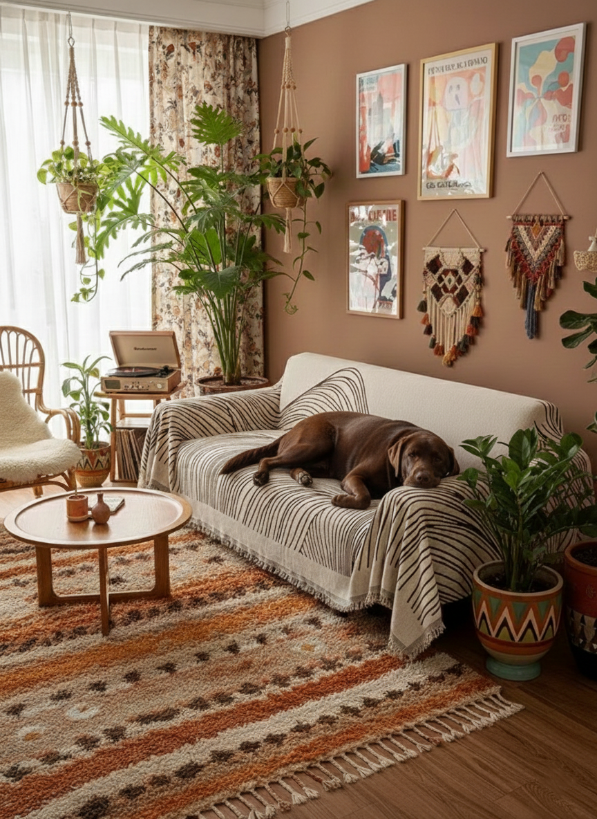 Cozy living room with a brown wall, white sofa, and decorative elements.