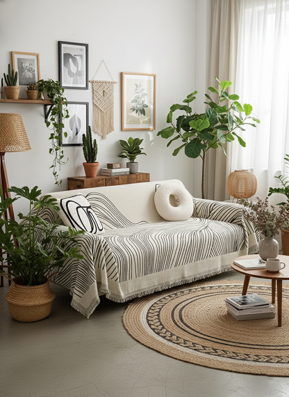 Living room with a couch, plants, and decorative items.