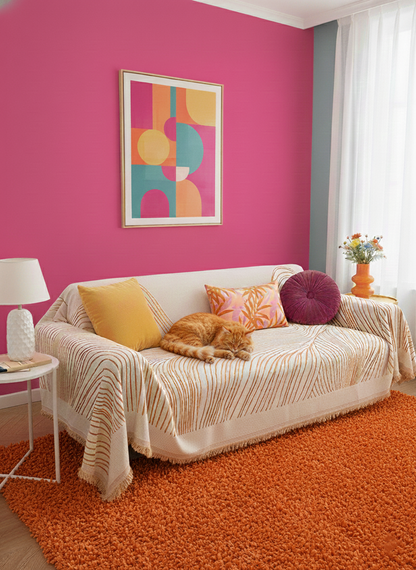 Living room with a pink wall, orange rug, and a cat on a white sofa.