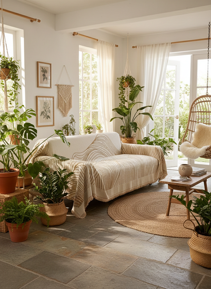 Cozy living room with a beige sofa, potted plants, and natural light.