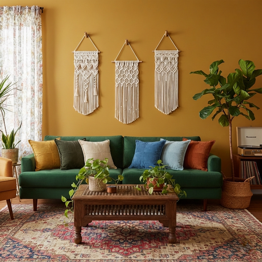 Living room with a green sofa, wooden coffee table, and decorative wall hangings.