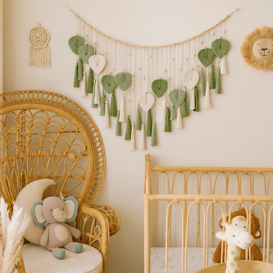 Nursery room with wicker chair, crib, and decorative elements.