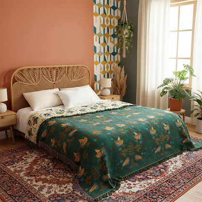 Bedroom with a wicker headboard, green floral blanket, and patterned rug.