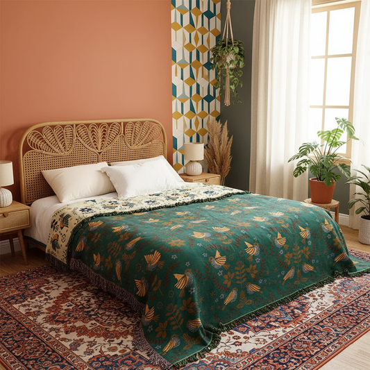 Bedroom with a wicker headboard, green floral blanket, and patterned rug.