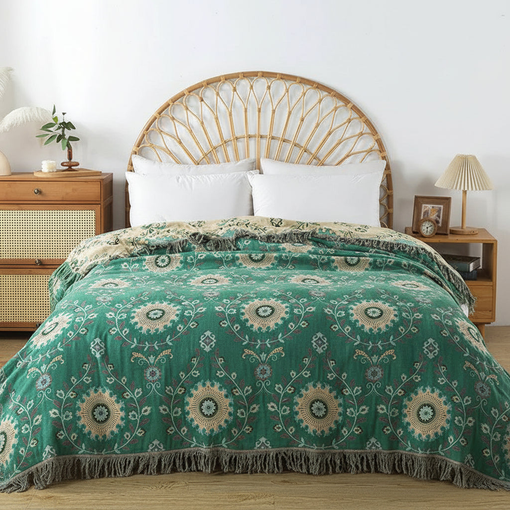 Bed with green floral patterned comforter and wooden headboard in a bedroom setting.