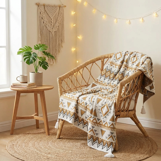 Wicker chair with patterned blanket in a cozy room with string lights and plant.