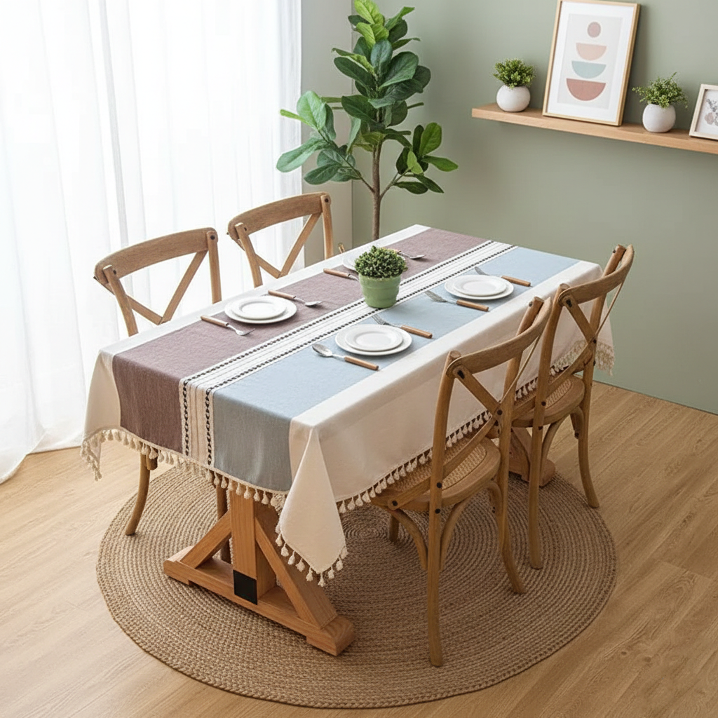 Dining table set with chairs, tablecloth, and place settings in a room with plants and shelves.