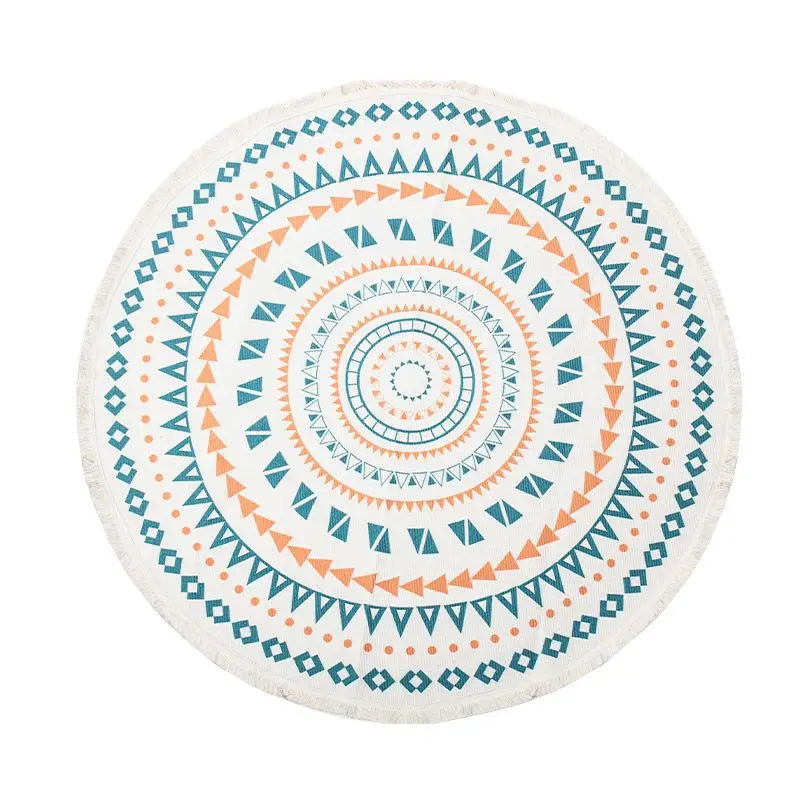 Round decorative mat with a geometric pattern on a white background