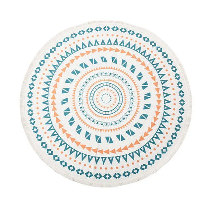 Round decorative mat with a geometric pattern on a white background