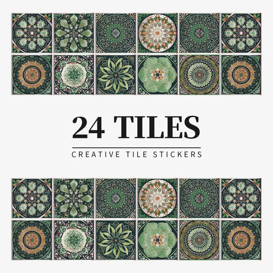 Collection of 24 decorative tile stickers with green and brown patterns on a white background.