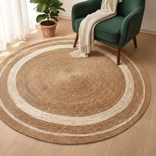 Round jute rug with concentric circles on a wooden floor, green armchair with blanket, and plant in the background.