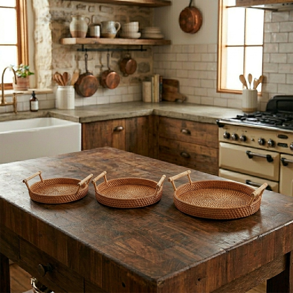 Vintage kitchen with wooden island, wicker baskets, and rustic decor.