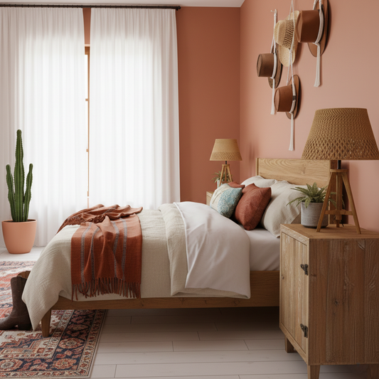 Cozy bedroom with wooden bed, nightstands, and wall decor.