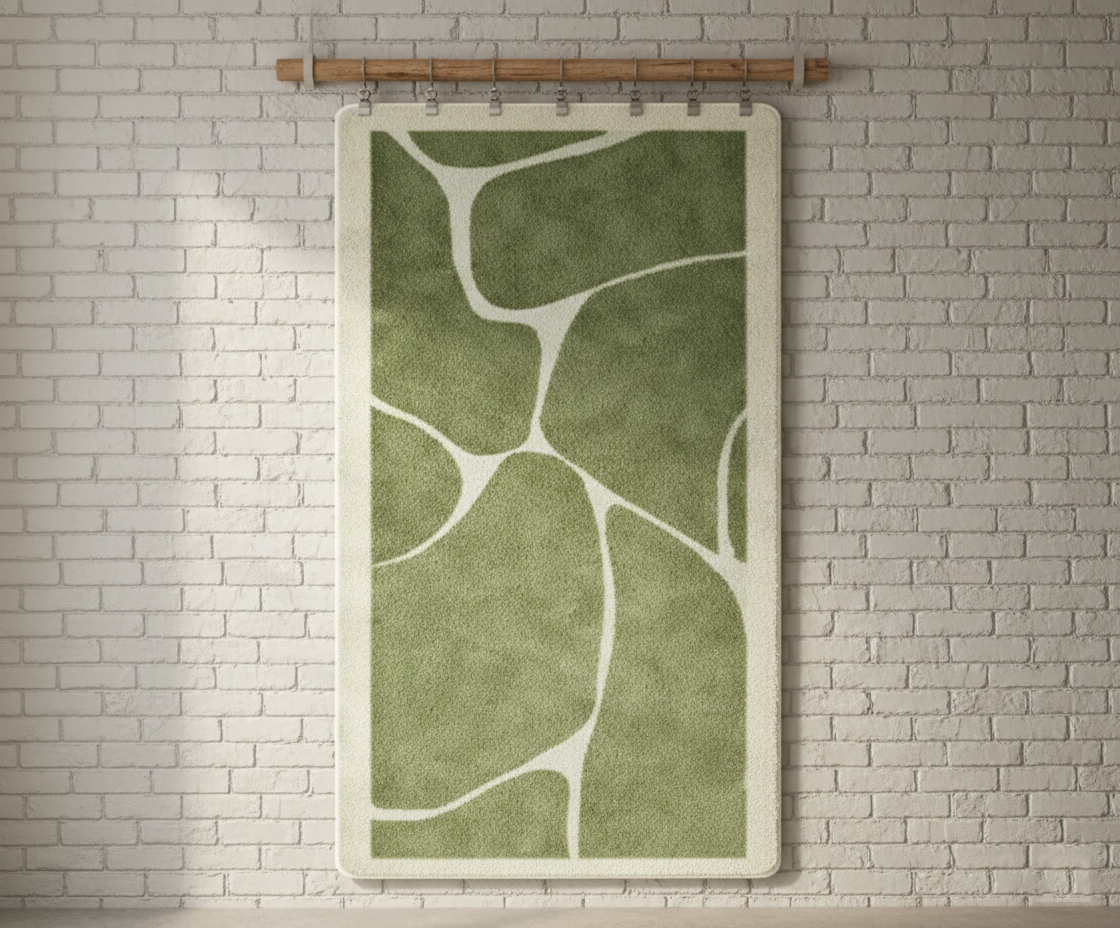 Green patterned rug on a white brick wall