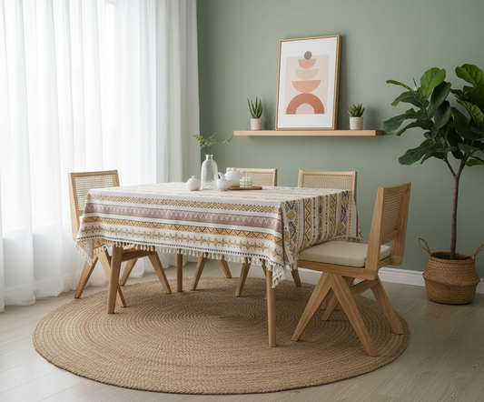 Summer Vibes - Cotton Linen Tablecloth with Tassels | Decorative Dining Table Cover | Modern Boho Home Décor