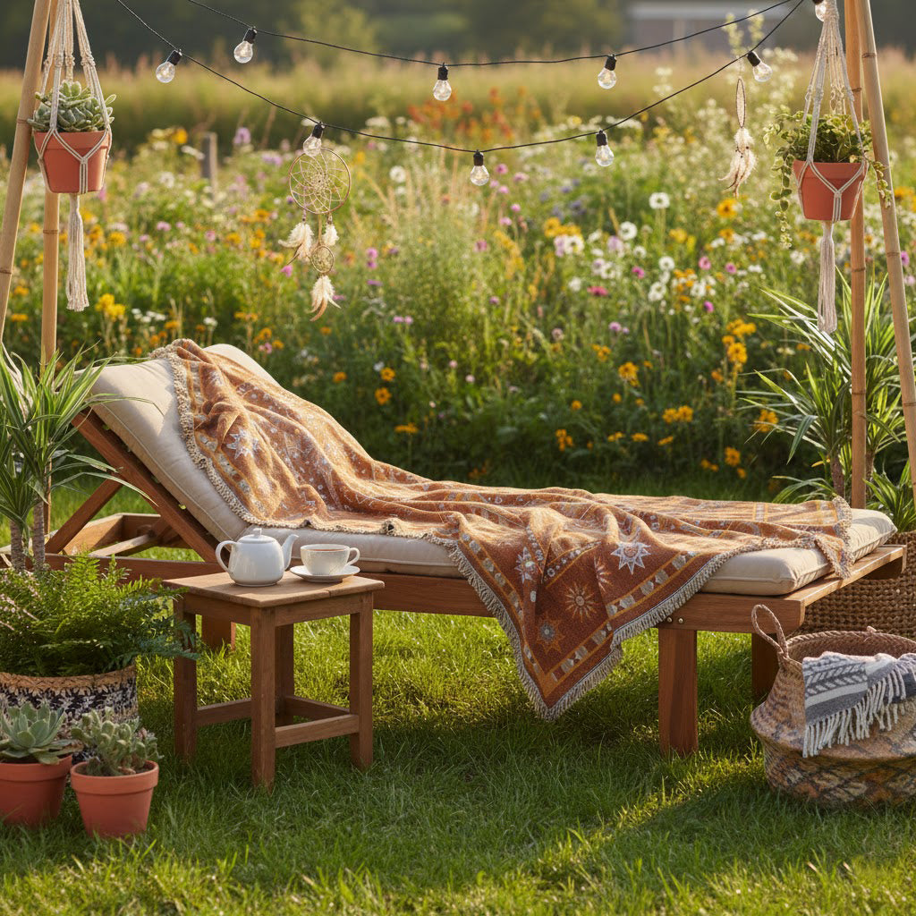 Outdoor lounge chair with blanket and tea set in a garden setting