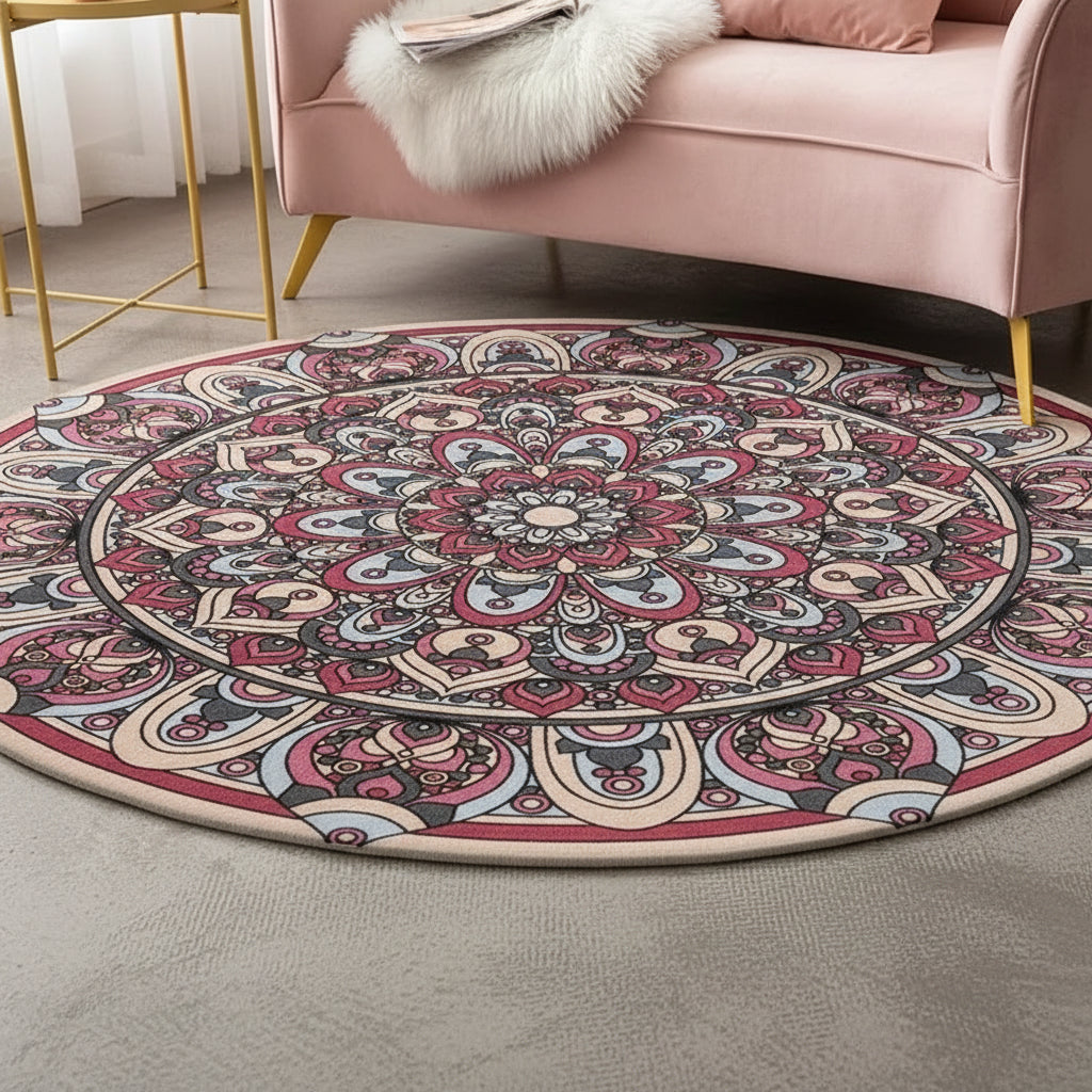 Round decorative rug with a intricate pattern on a floor.