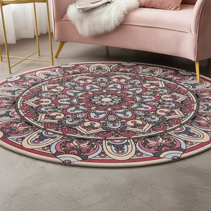 Round decorative rug with a intricate pattern on a floor.