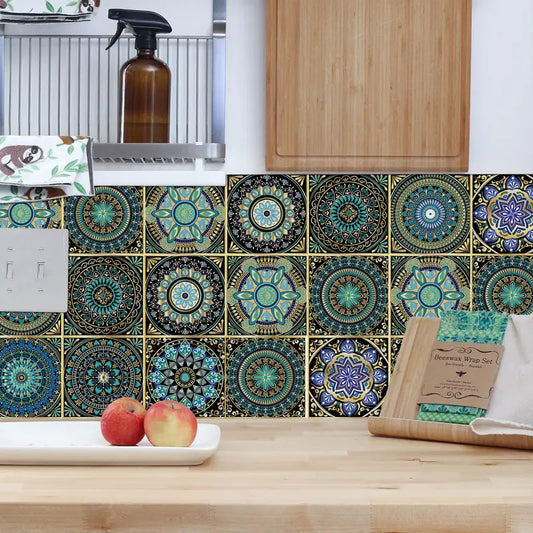 Boho Emerald Mandala Tile Stickers – 10pcs Set | DIY Peel‑and‑Stick Tiles | Kitchen Bathroom Wall Décor | Upcycle