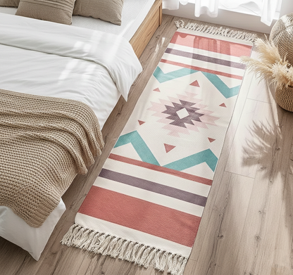 Bedroom with a patterned rug on wooden floor