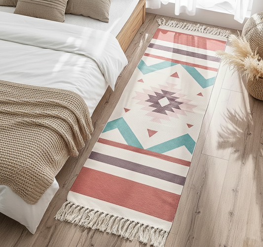 Bedroom with a patterned rug on wooden floor