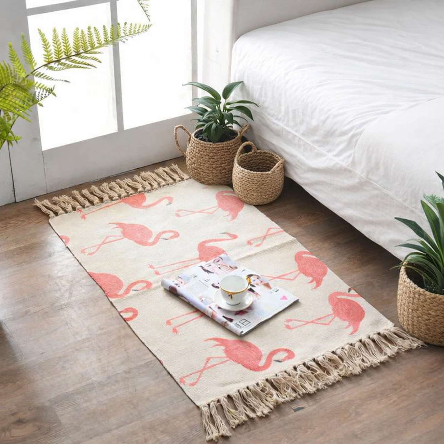 Flamingo patterned rug on a wooden floor with plants and a bed in the background