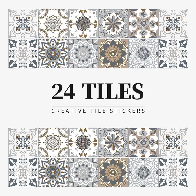 Set of 24 decorative tile stickers with various patterns on a white background.