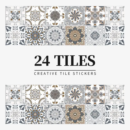 Set of 24 decorative tile stickers with various patterns on a white background.