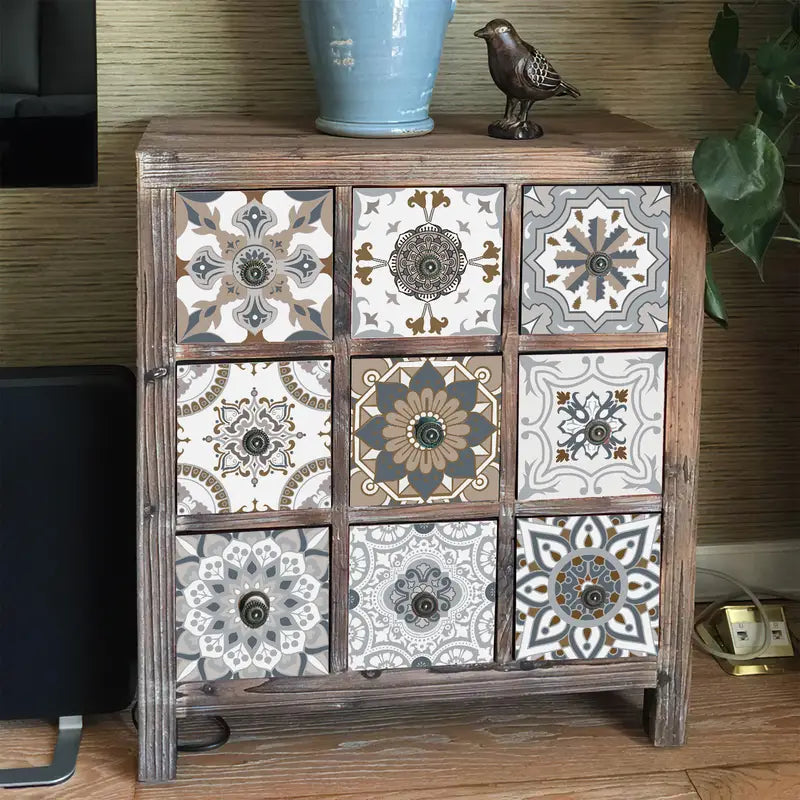 Wooden cabinet with patterned doors on a wooden floor.