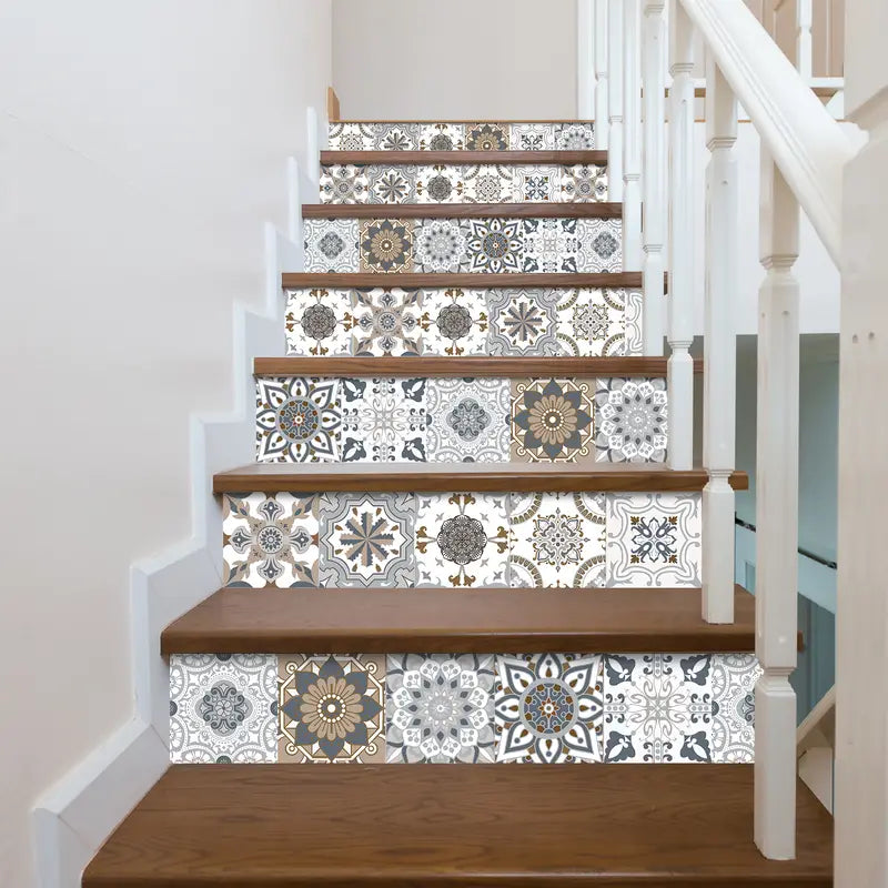 Wooden staircase with decorative tile stickers on the steps