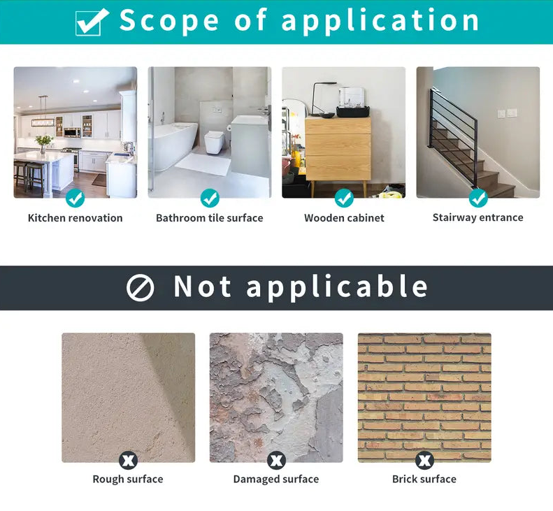 Application scope for a product or service with images of kitchen, bathroom, and wooden cabinet usage, and examples of surfaces not suitable for application.
