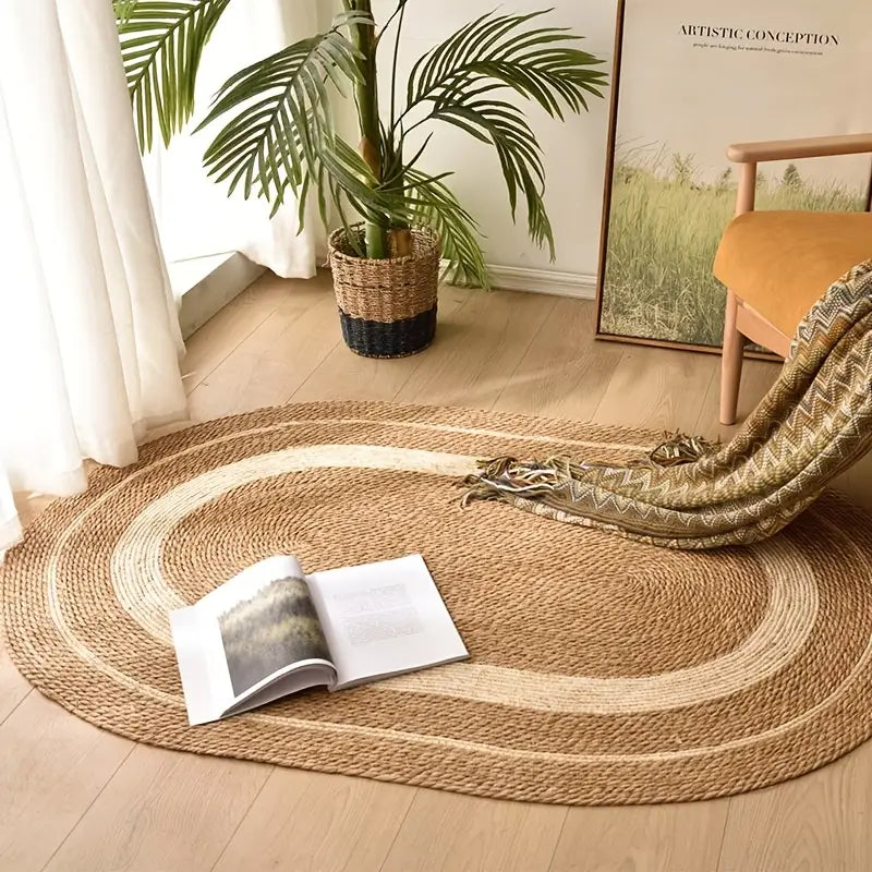 Round woven rug on a wooden floor with an open book and plant in the background