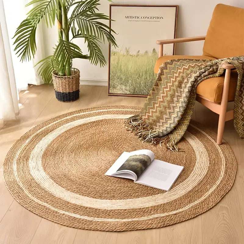 Round woven rug with a chair, plant, and book in a room setting
