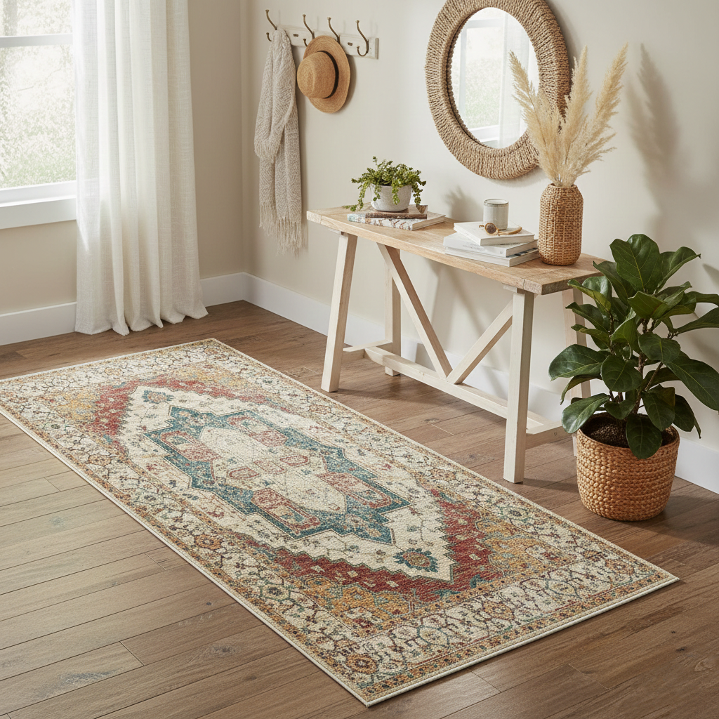 Decorative rug on a wooden floor with a console table and plants in a home setting.