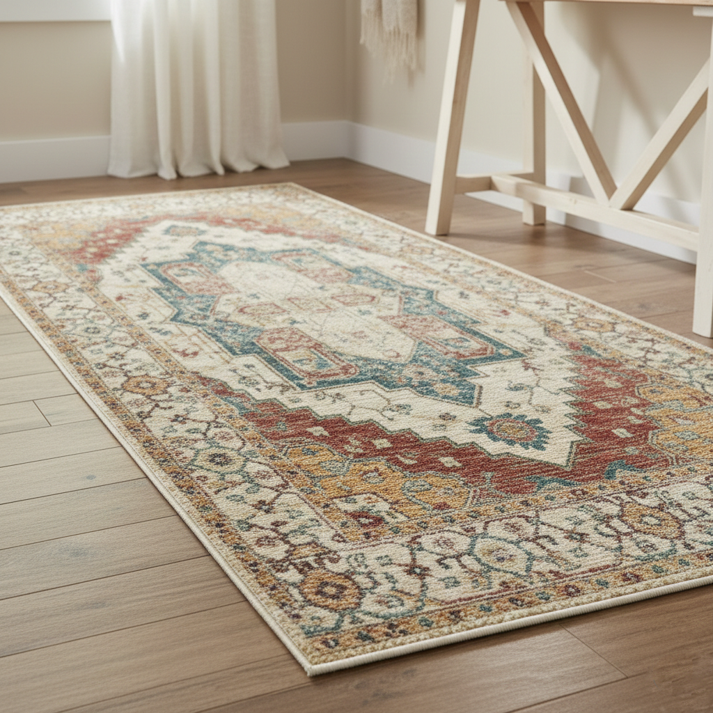Decorative rug with intricate patterns on a wooden floor