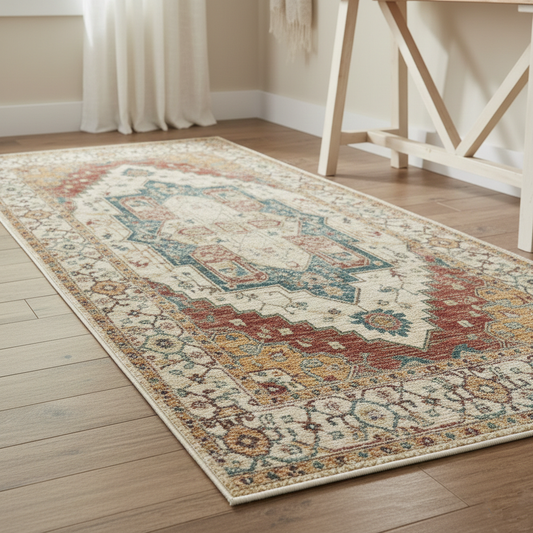 Decorative rug with intricate patterns on a wooden floor